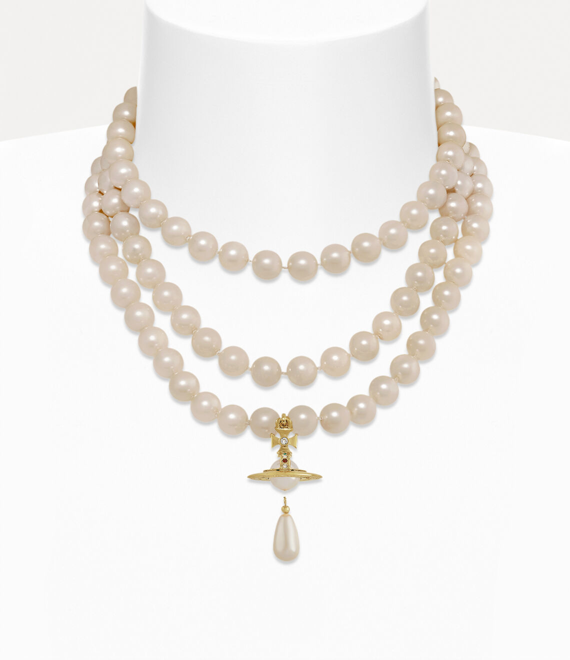 Vivienne Westwood Three Row Pearl Drop Choker with Gold Orb Motif
