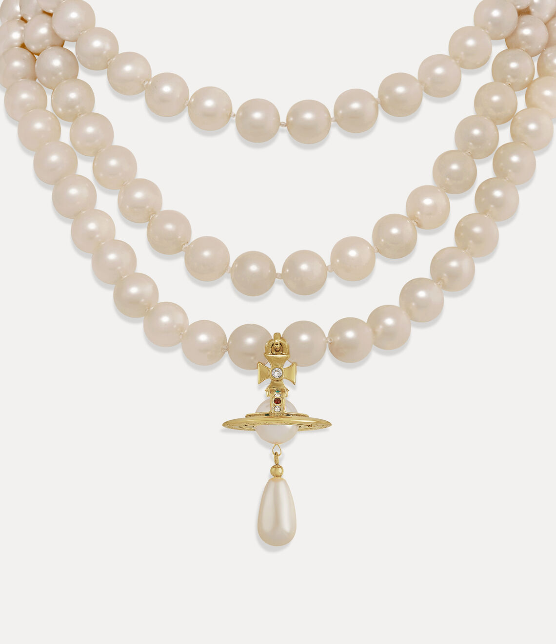 Vivienne Westwood Three Row Pearl Drop Choker with Gold Orb Motif
