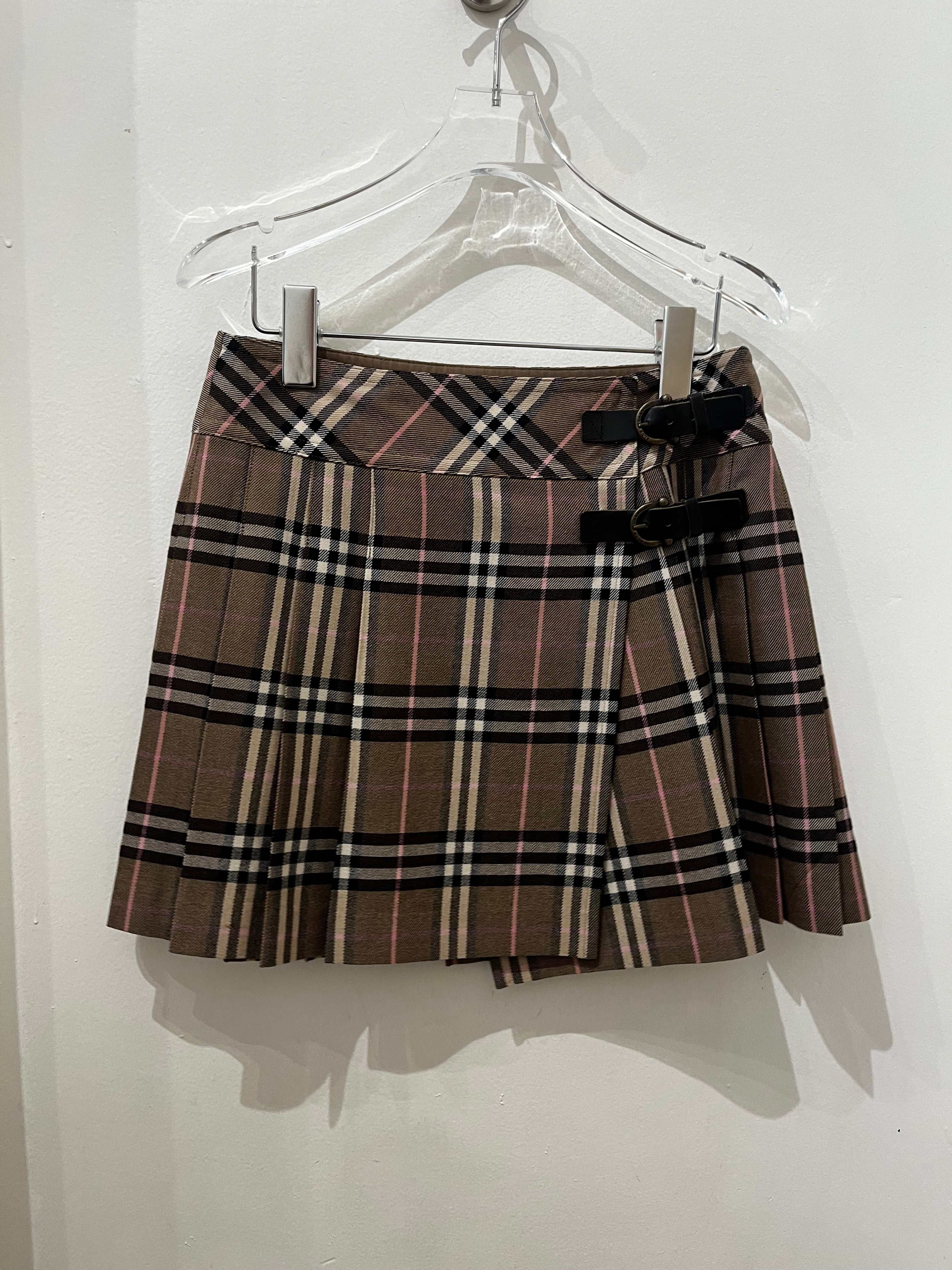 Vintage BURBERRY Pink Stripe Tartan Pleated Wrap Mini Skirt