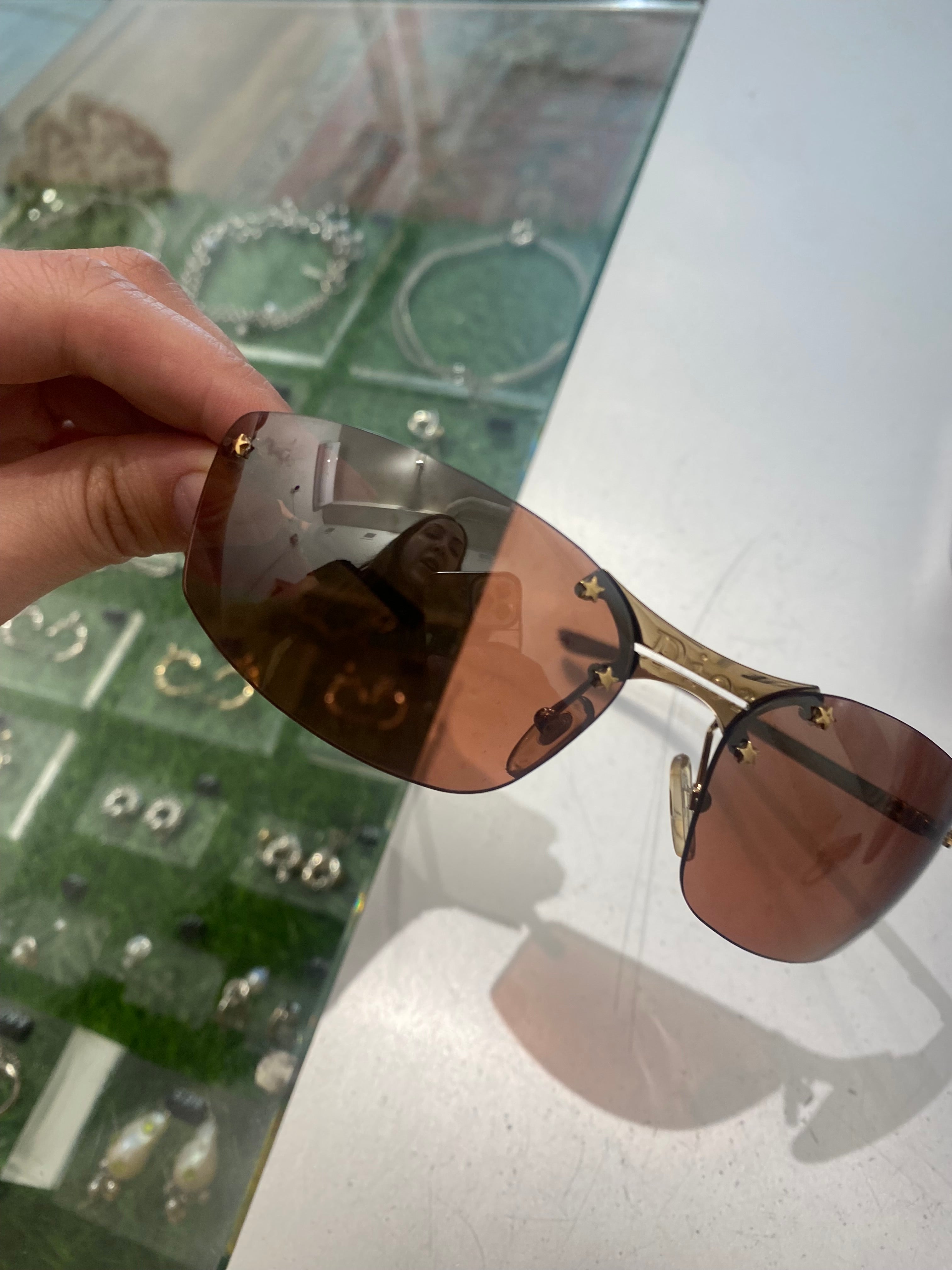 (As Is) Christian Dior Gold Frame Star Sunglasses Purple Lense