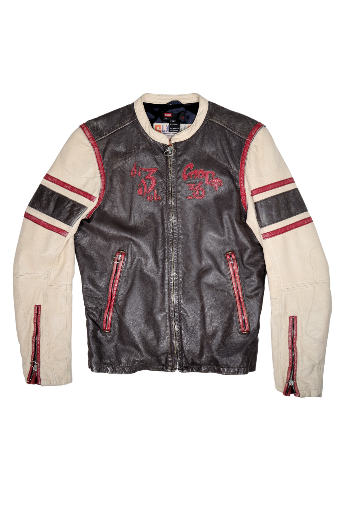 90s Rare Diesel Leather Moto Jacket Black/Red/White