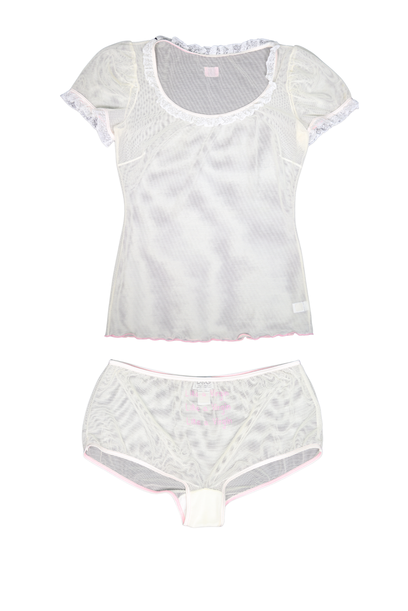 Vintage Dolce and Gabbana “Like A Virgin” Embroidered Mesh Top & Lingerie Set