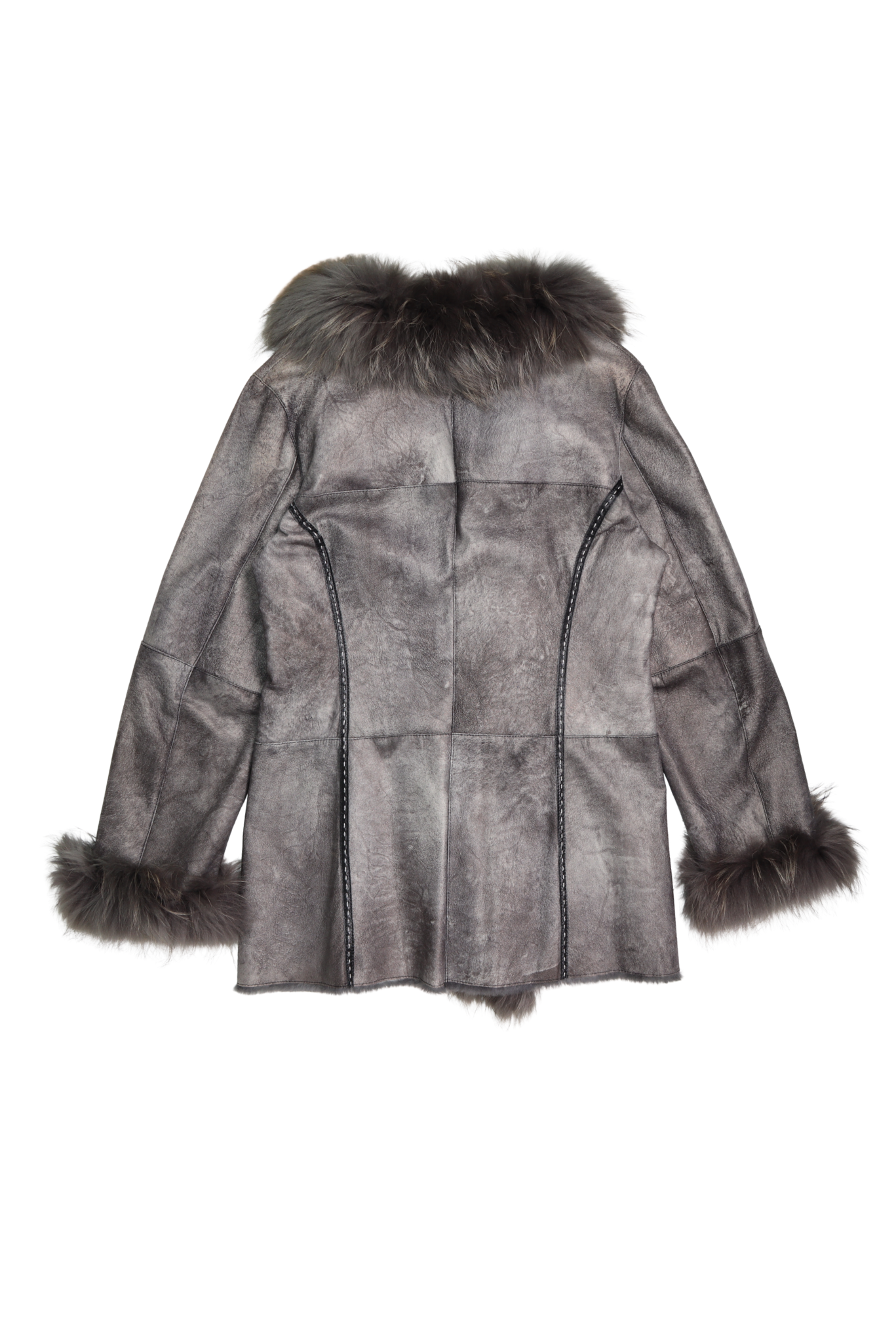 Vintage Real Fur Trim Rabbit Lined Grey Leather Coat