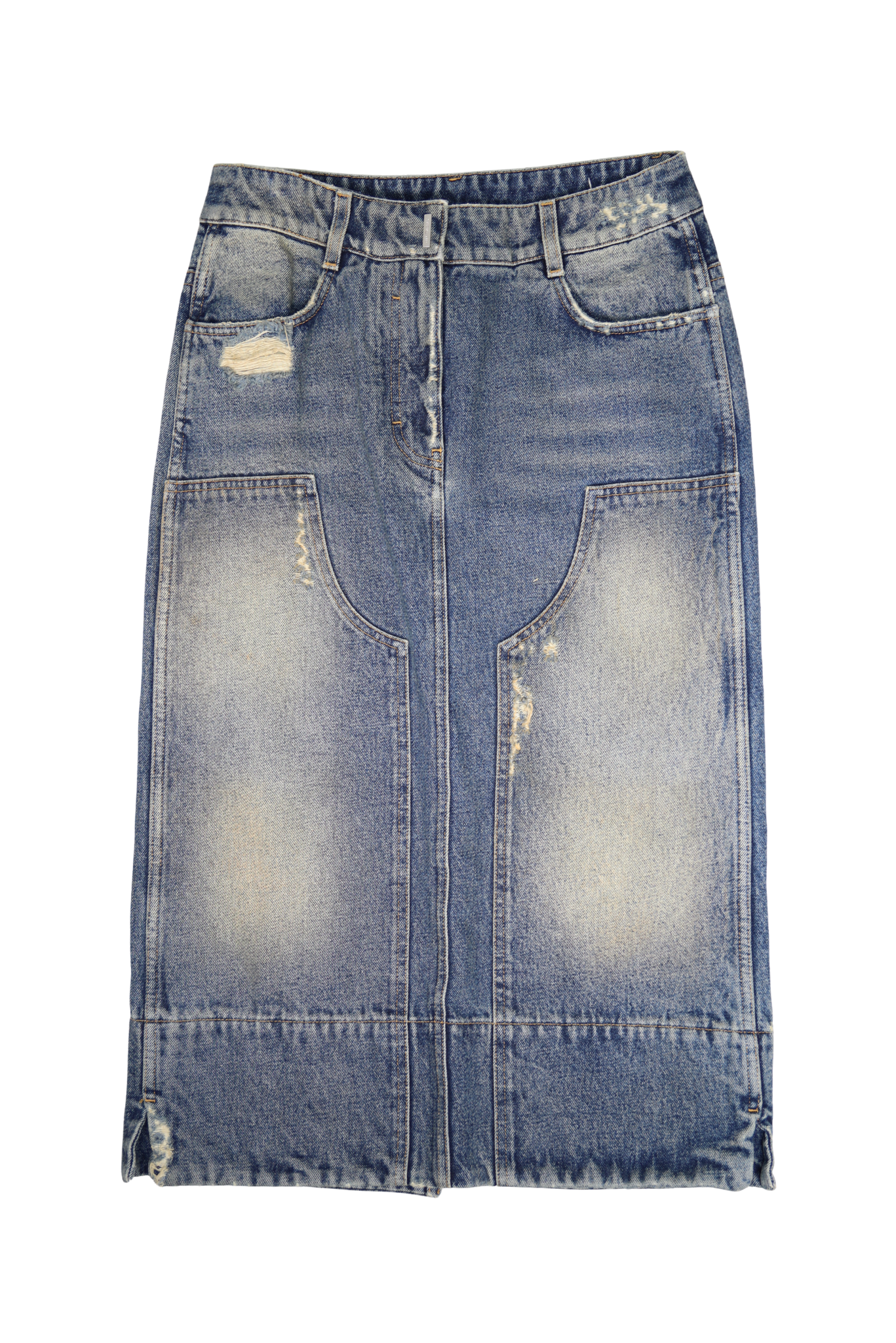 GIVENCHY Distressed Denim Double Knee Midi Skirt