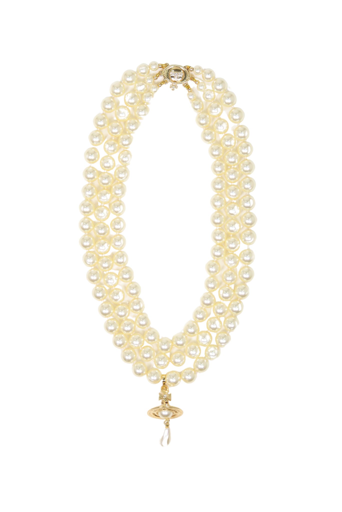 Vivienne Westwood Three Row Pearl Drop Choker with Gold Orb Motif