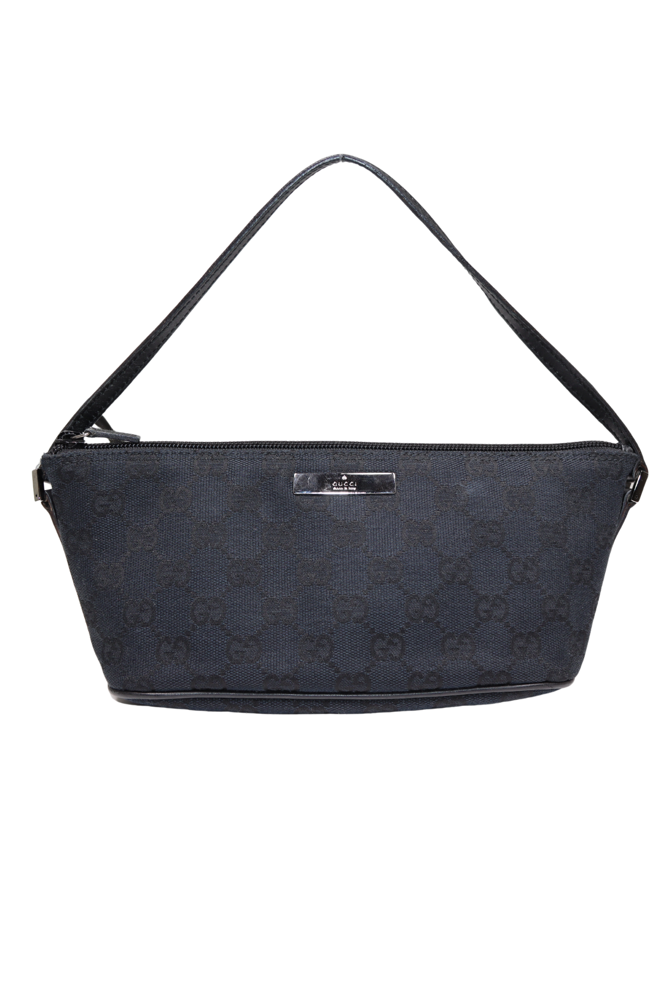 1990s Gucci Monogram Canvas Boat Pochette Handbag in Black