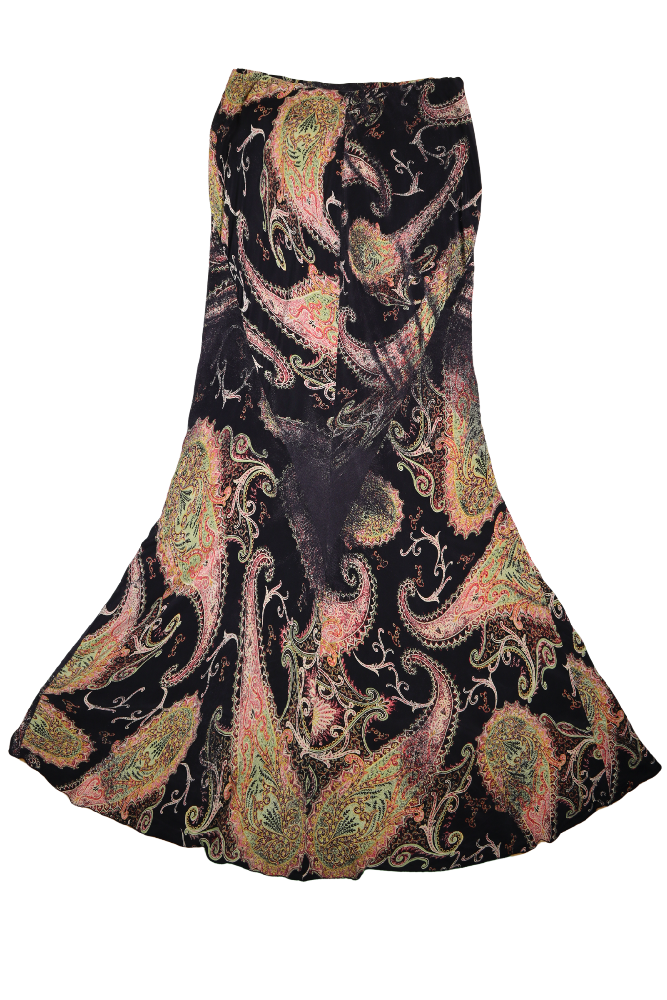 1990s Roberto Cavalli 100% Silk Paisley Maxi Flare Skirt