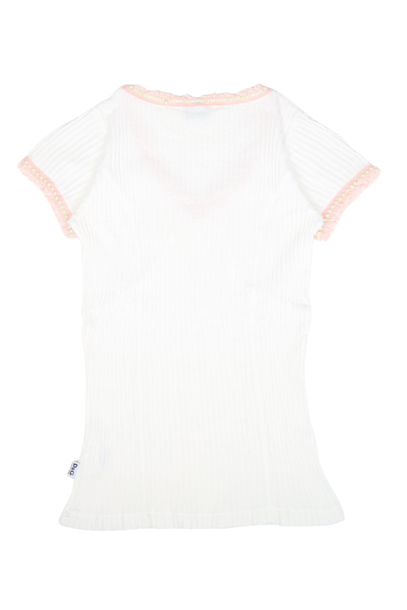 RARE Vintage White D&G Ribbed Top with Pink Lace Rosette Trim
