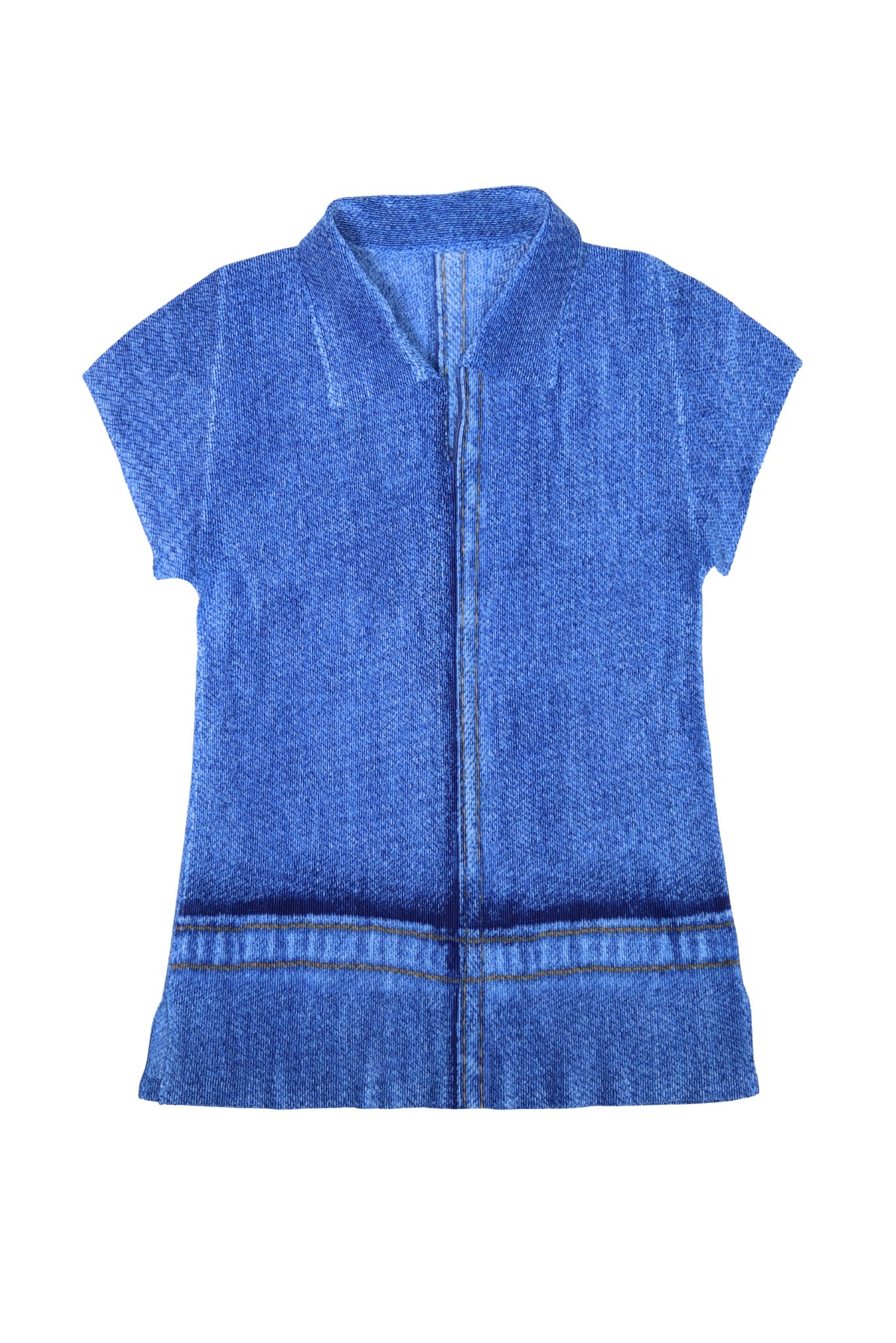ISSEY MIYAKE Pleats Please Denim Collared Short Sleeve