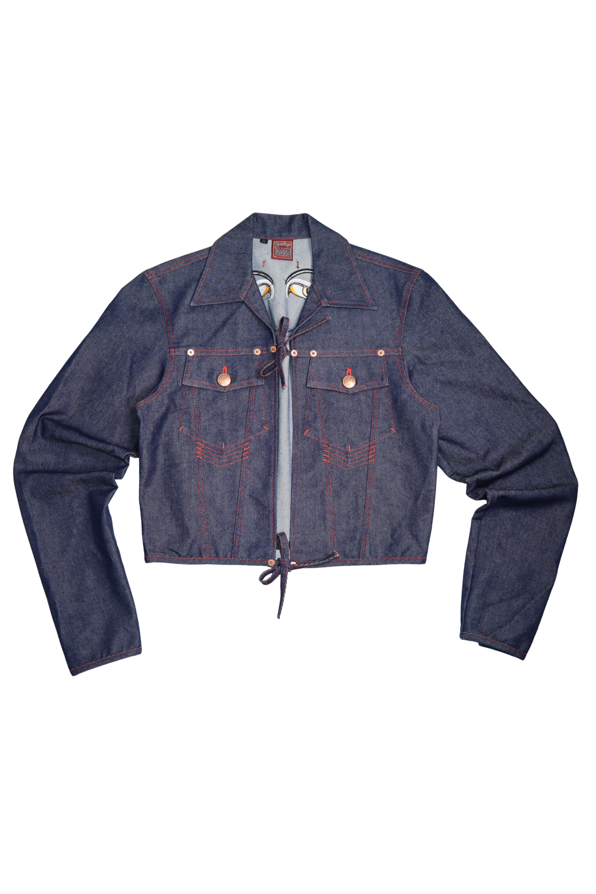 Rare Gaultier Jeans Buddha Eyes Embroidered Open Front Tie Denim Jacket (A)