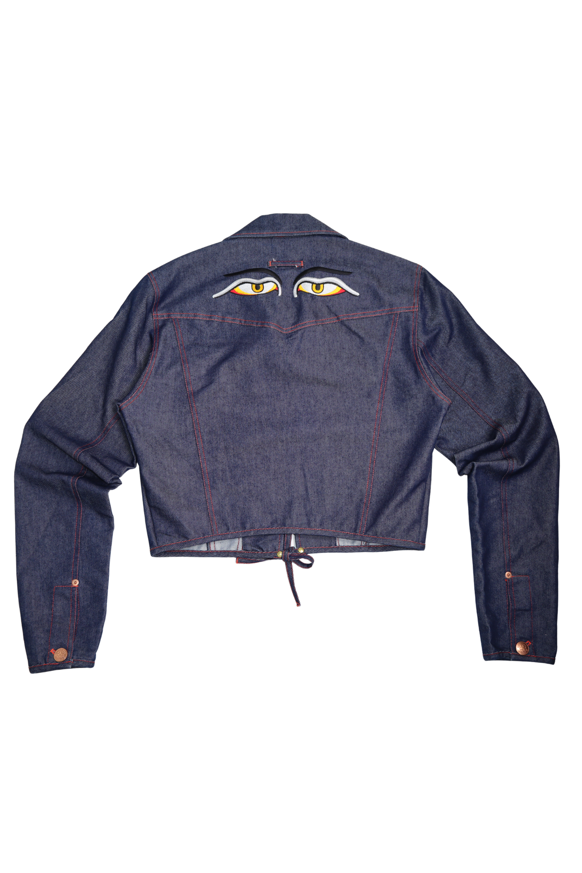 Rare Gaultier Jeans Buddha Eyes Embroidered Open Front Tie Denim Jacket (A)