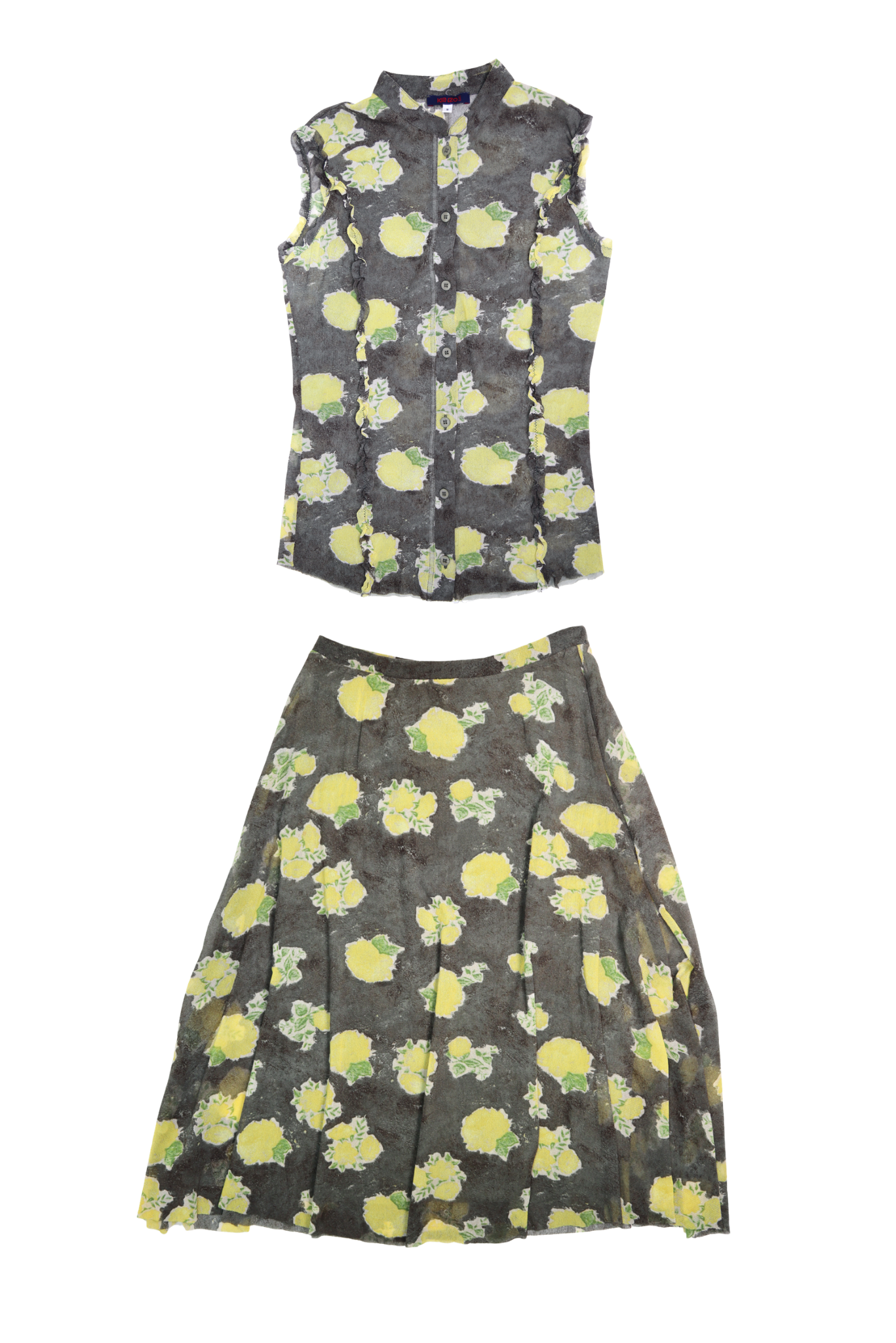 Vintage Kenzo Lemon Print Mesh Top & Skirt Set