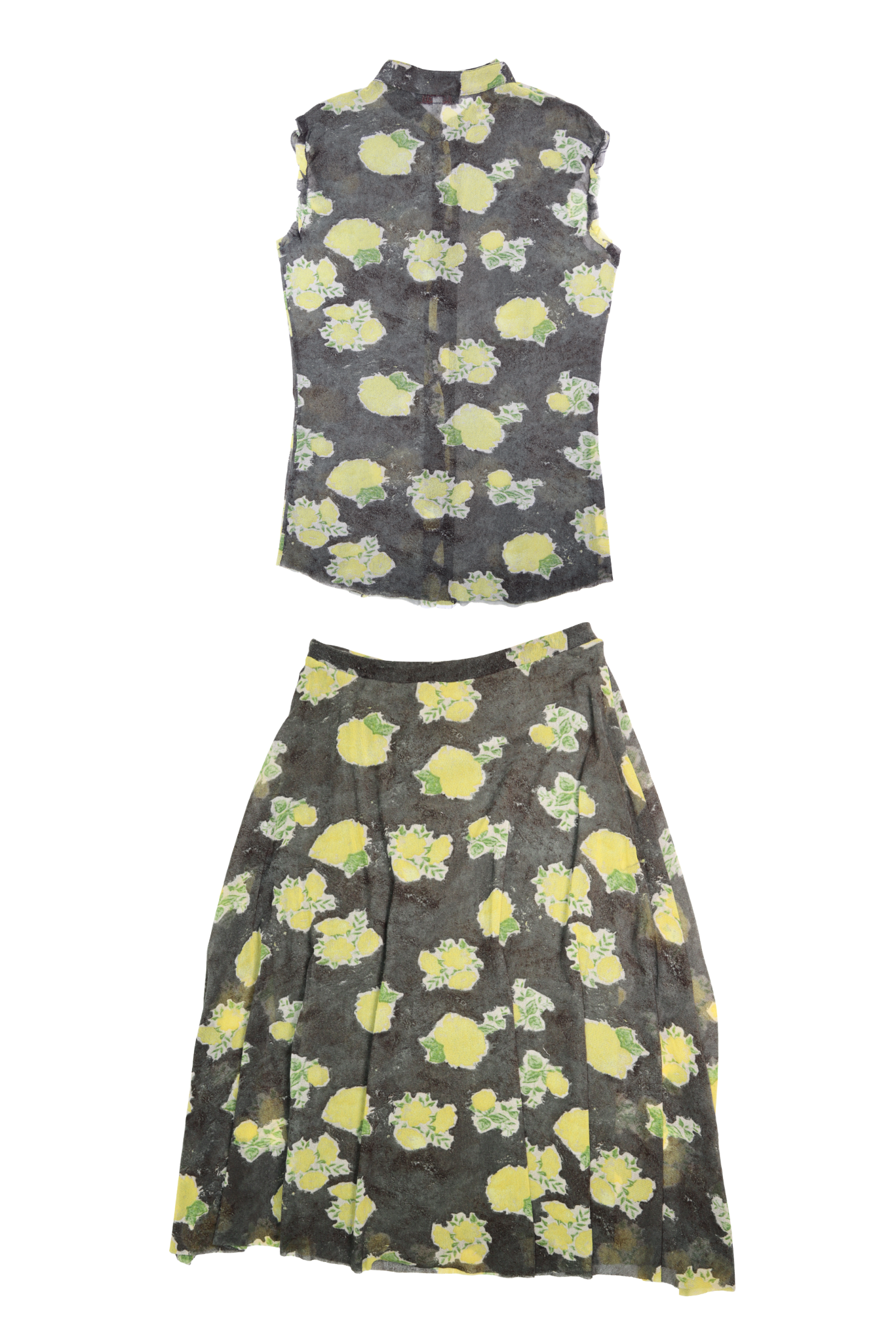 Vintage Kenzo Lemon Print Mesh Top & Skirt Set