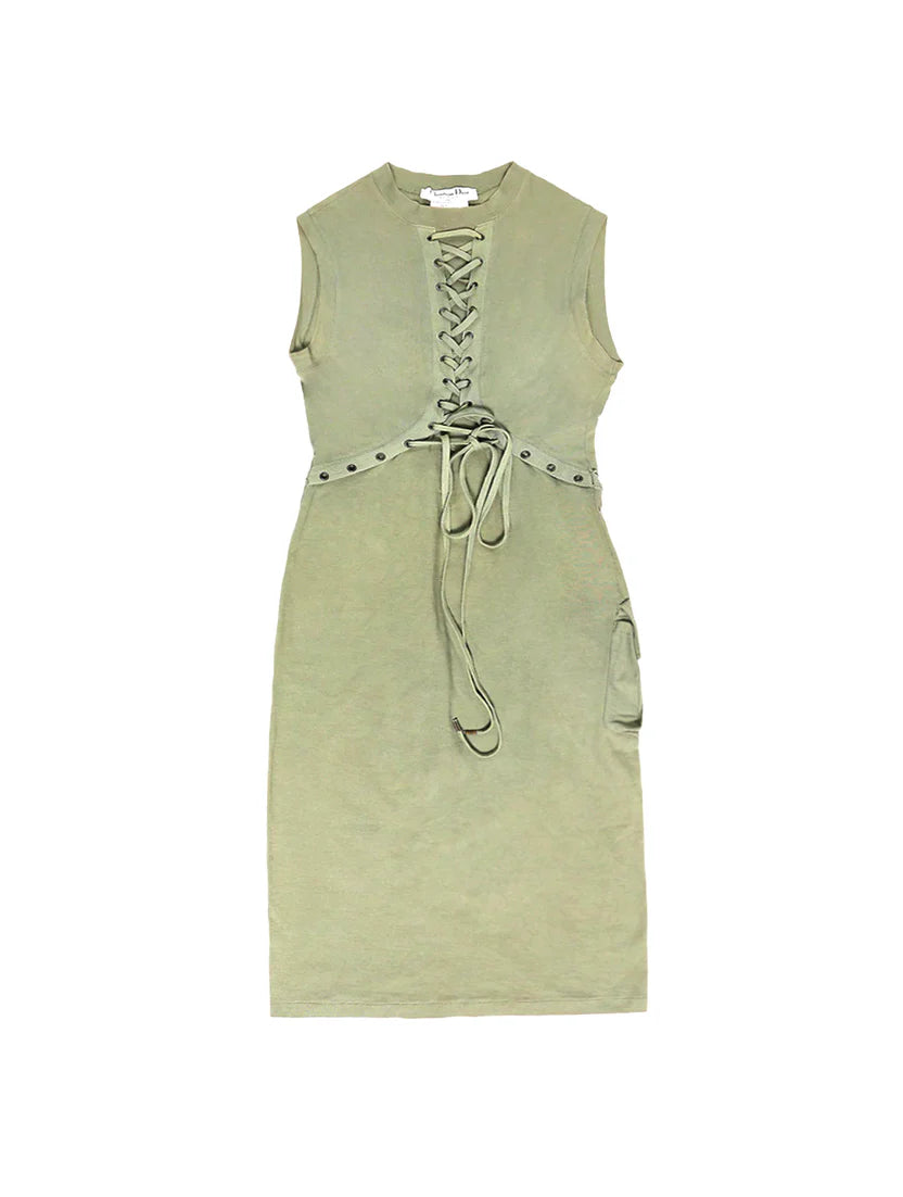 Vintage Christian Dior Spring / Summer 2003 Olive Military Lace-Up Dress