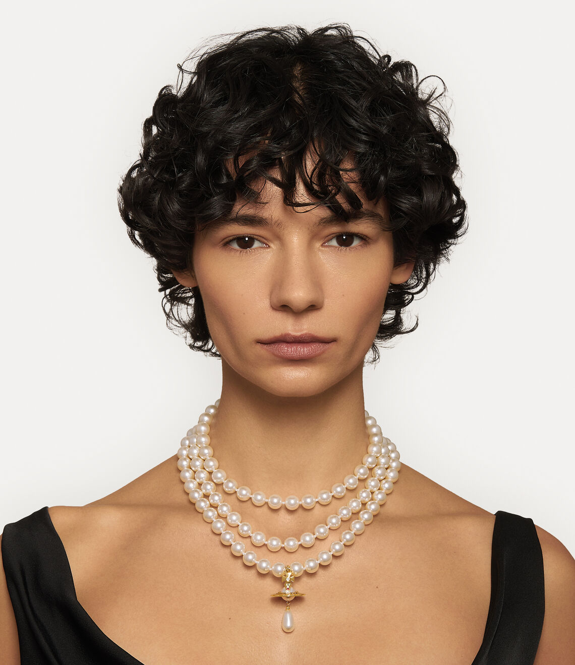 Vivienne Westwood Three Row Pearl Drop Choker with Gold Orb Motif