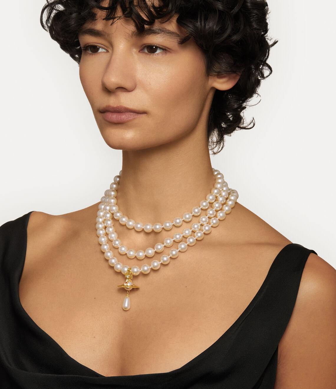 Vivienne Westwood Three Row Pearl Drop Choker with Gold Orb Motif