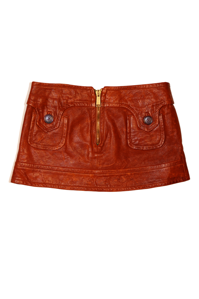 2000s Dsquared2 Carmel Leather Mini Skirt and Strapless Top Set