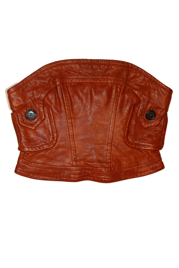 2000s Dsquared2 Carmel Leather Mini Skirt and Strapless Top Set