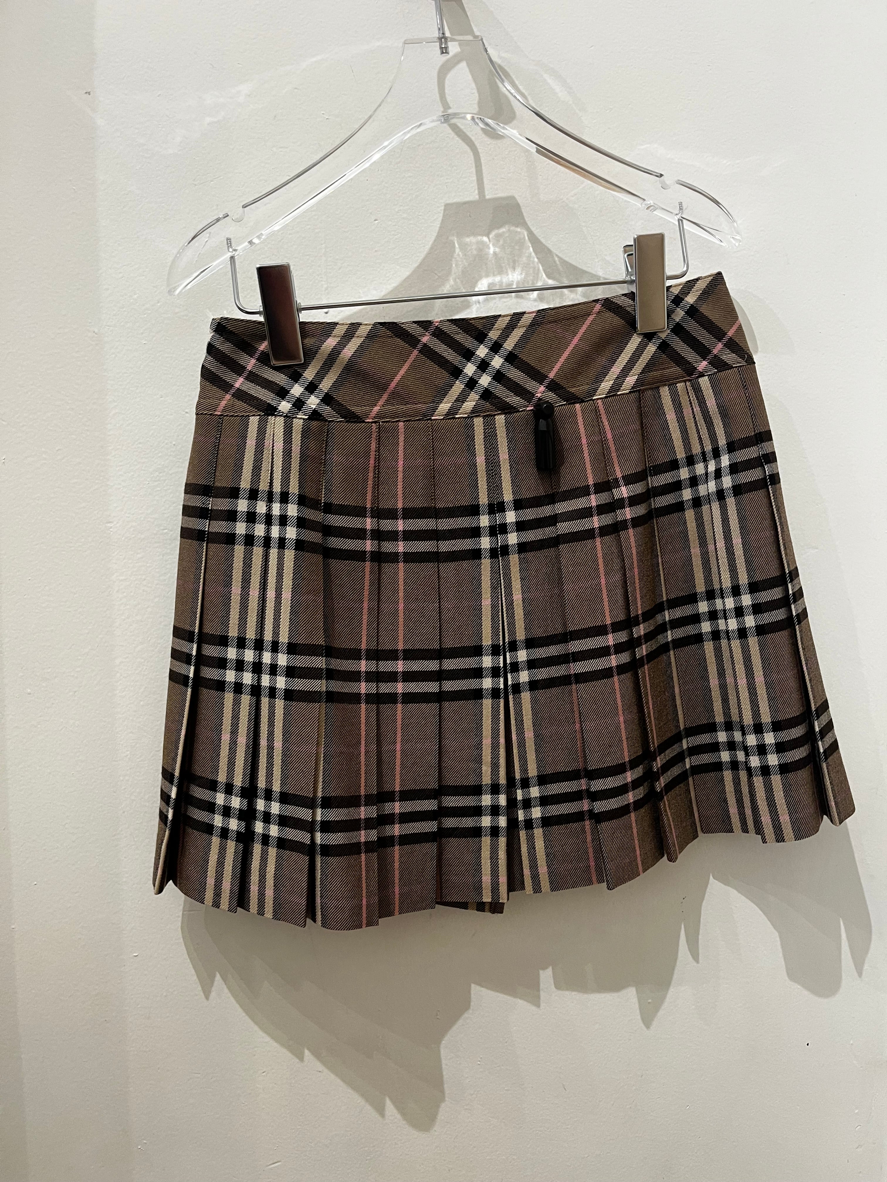 Vintage BURBERRY Pink Stripe Tartan Pleated Wrap Mini Skirt