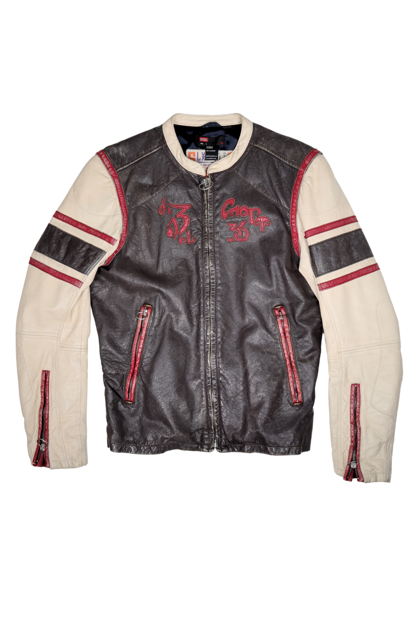 90s Rare Diesel Leather Moto Jacket Black/Red/White