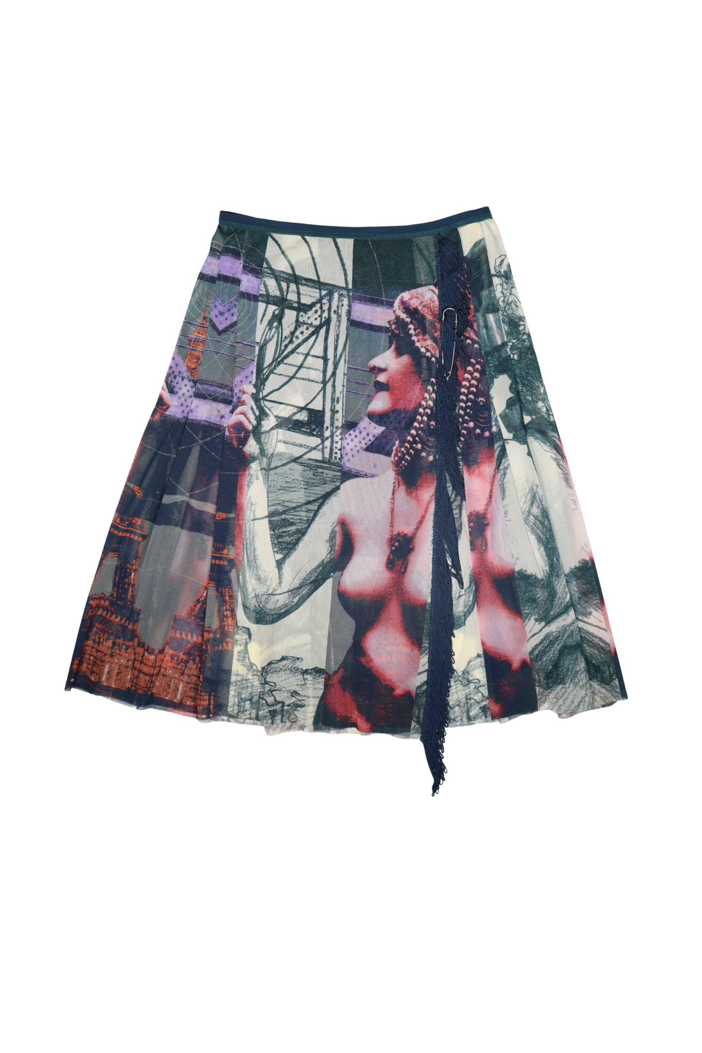 Vintage Jean Paul Gaultier Eiffel Tower Printed Mesh Wrap Fringe Skirt