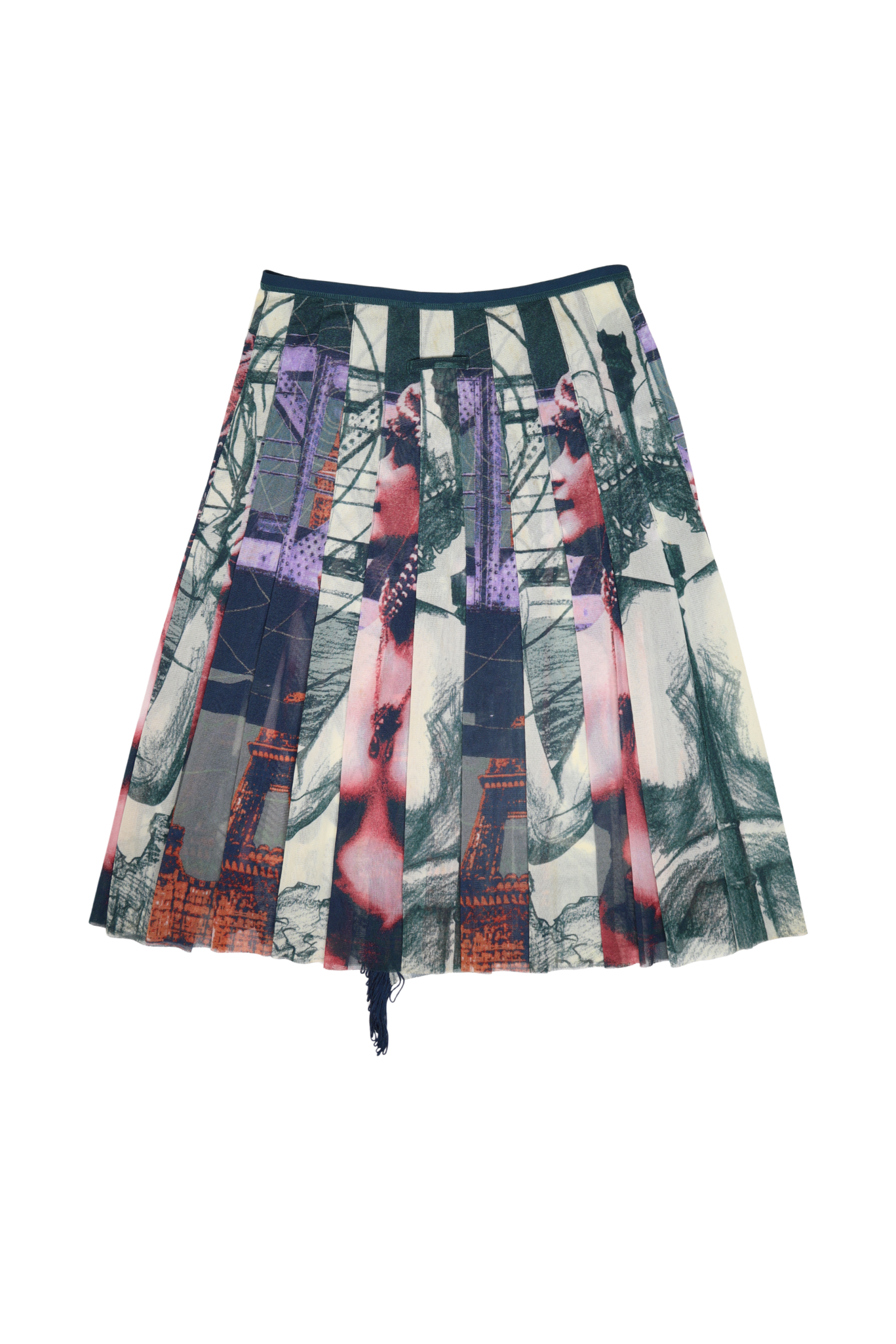 Vintage Jean Paul Gaultier Eiffel Tower Printed Mesh Wrap Fringe Skirt