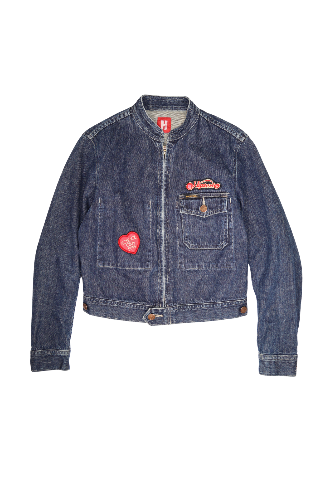 90s Hysteric Glamour Dark Denim Cropped Patched Moto Jacket
