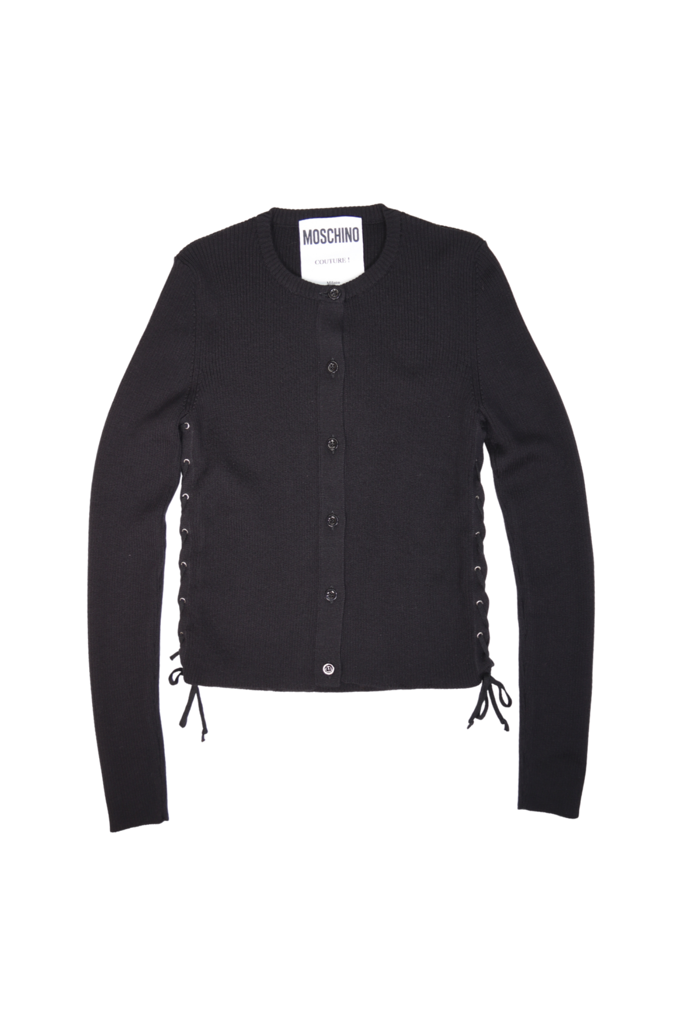 Moschino Couture 100% Wool Side Lace-Up Ribbed Knit Cardigan 