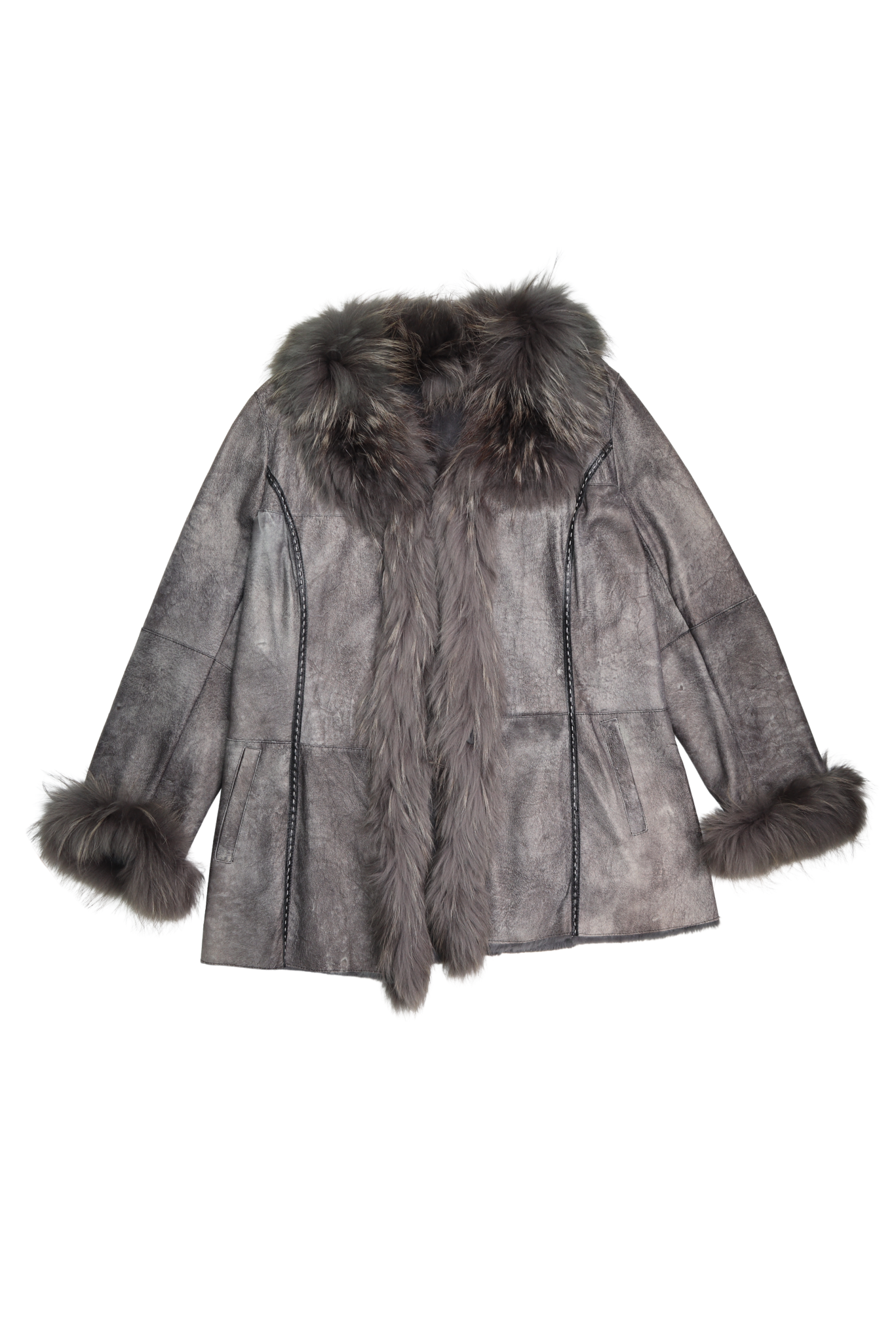 Vintage Real Fur Trim Rabbit Lined Grey Leather Coat