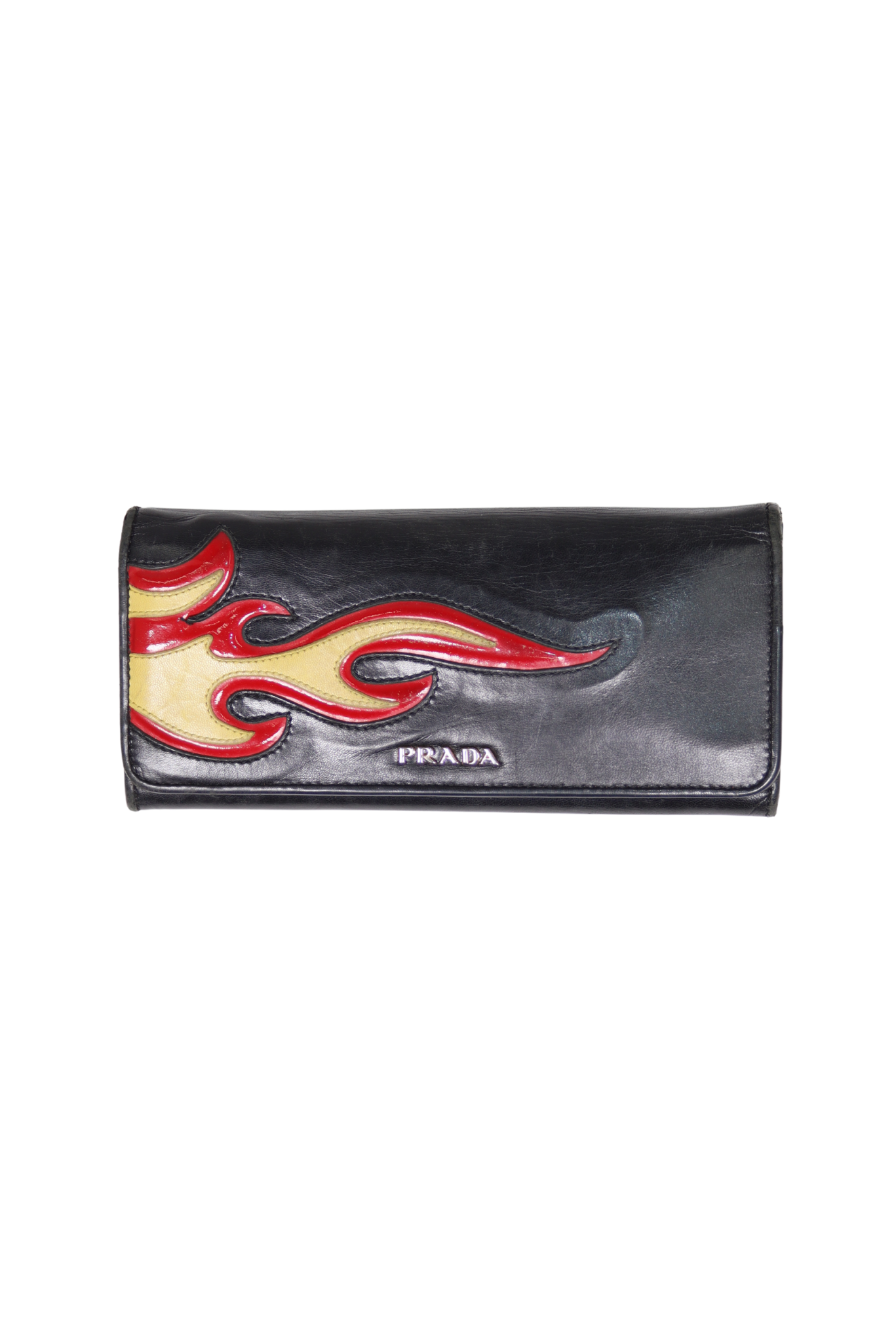 Rare Prada Spring 2012 Capretto Flames Continental Black Leather Wallet