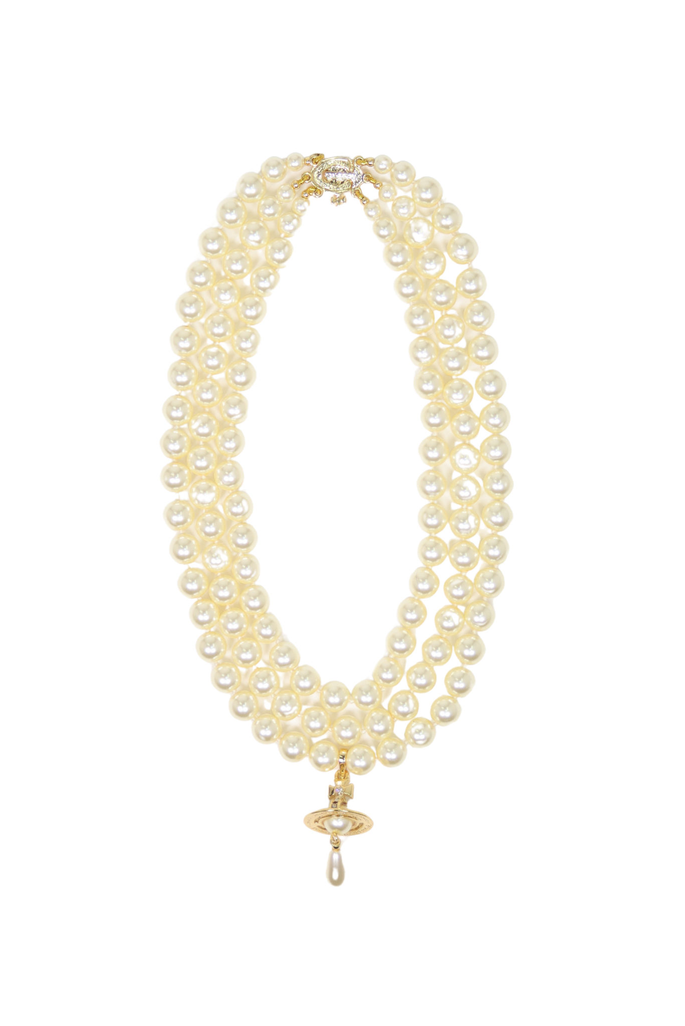 Vivienne Westwood Three Row Pearl Drop Choker with Gold Orb Motif
