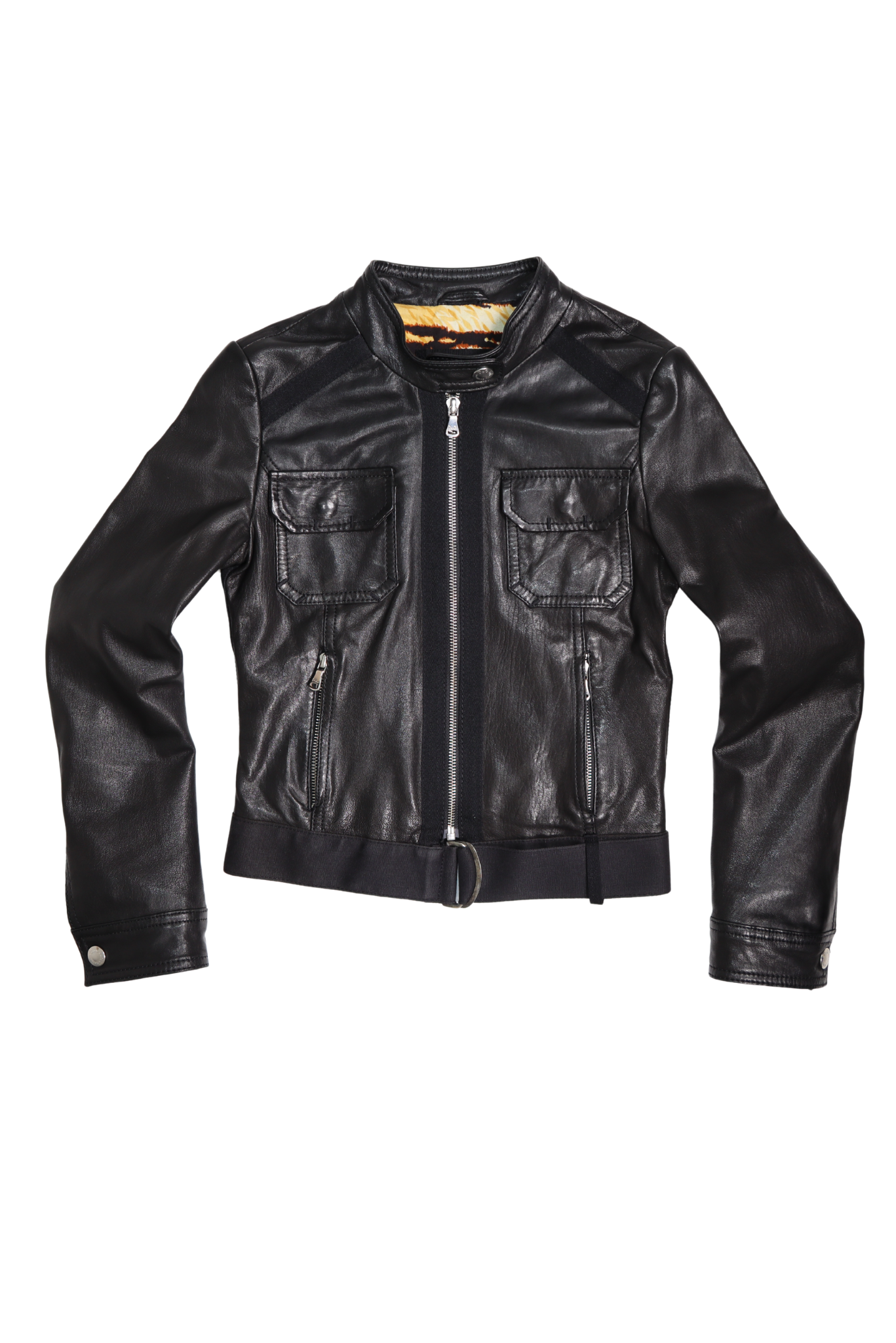 Vintage D&G Cropped Leather Biker Jacket with Adjustable Belt