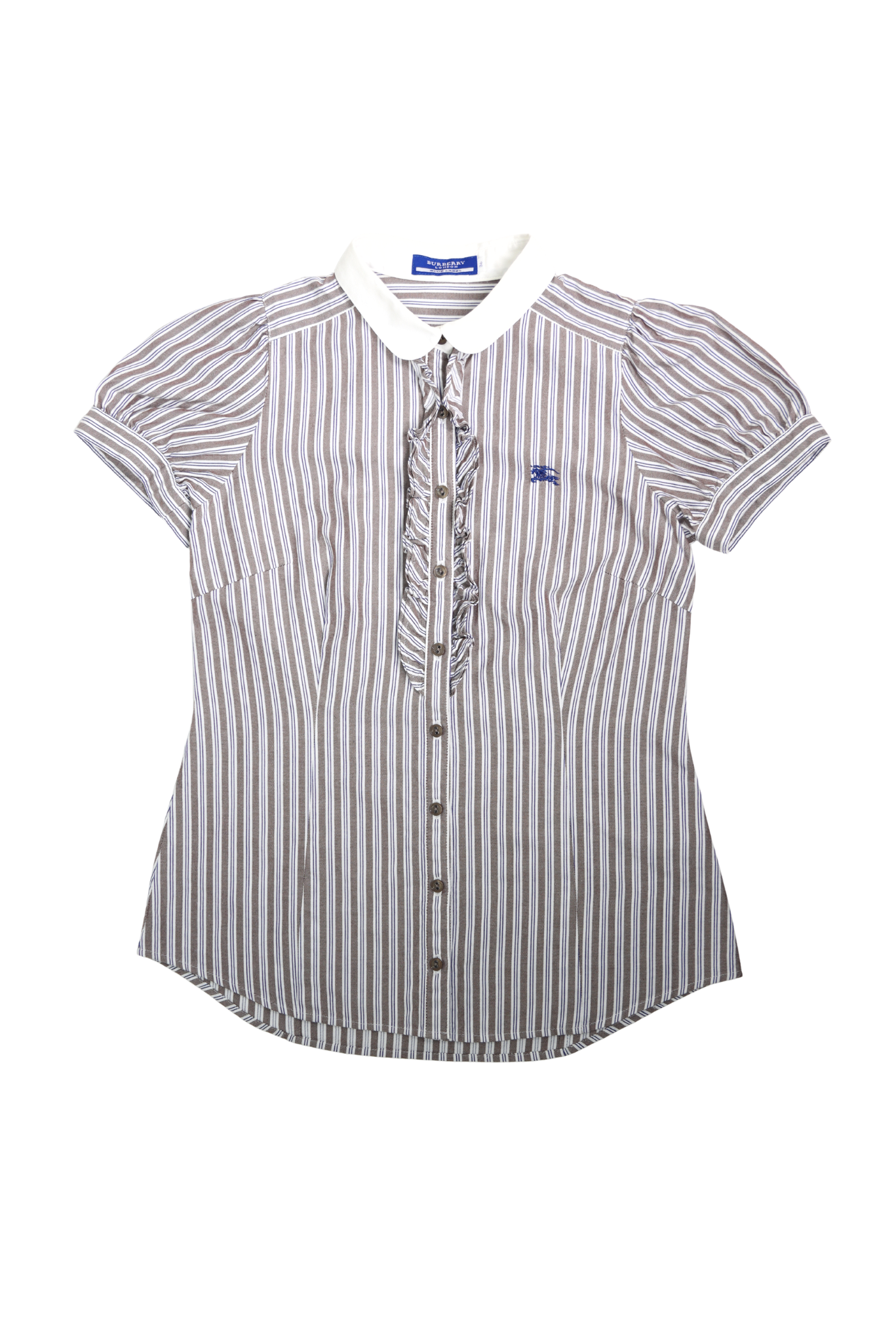 Vintage Burberry Tan & Blue Puff Sleeve Striped Shirt