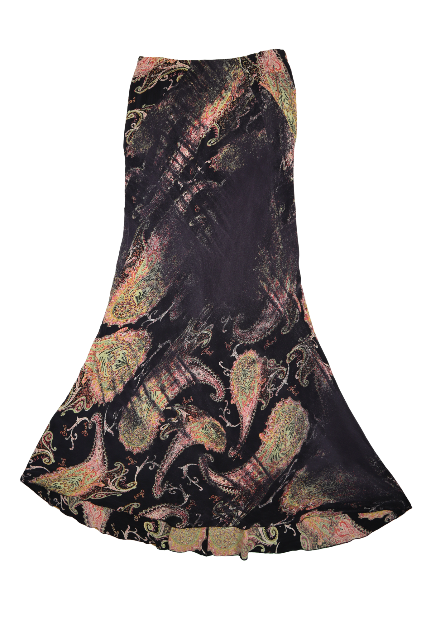 1990s Roberto Cavalli 100% Silk Paisley Maxi Flare Skirt