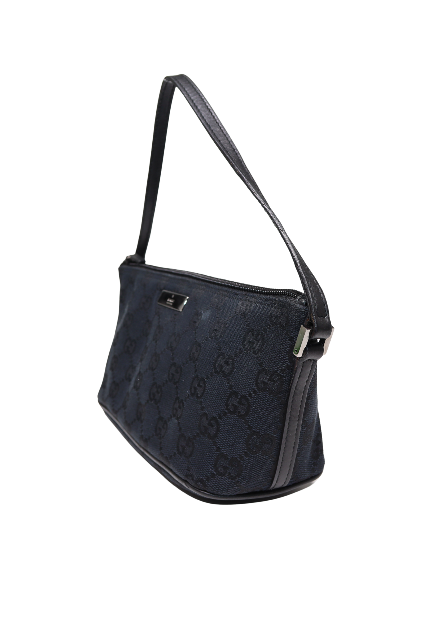 1990s Gucci Monogram Canvas Boat Pochette Handbag in Black