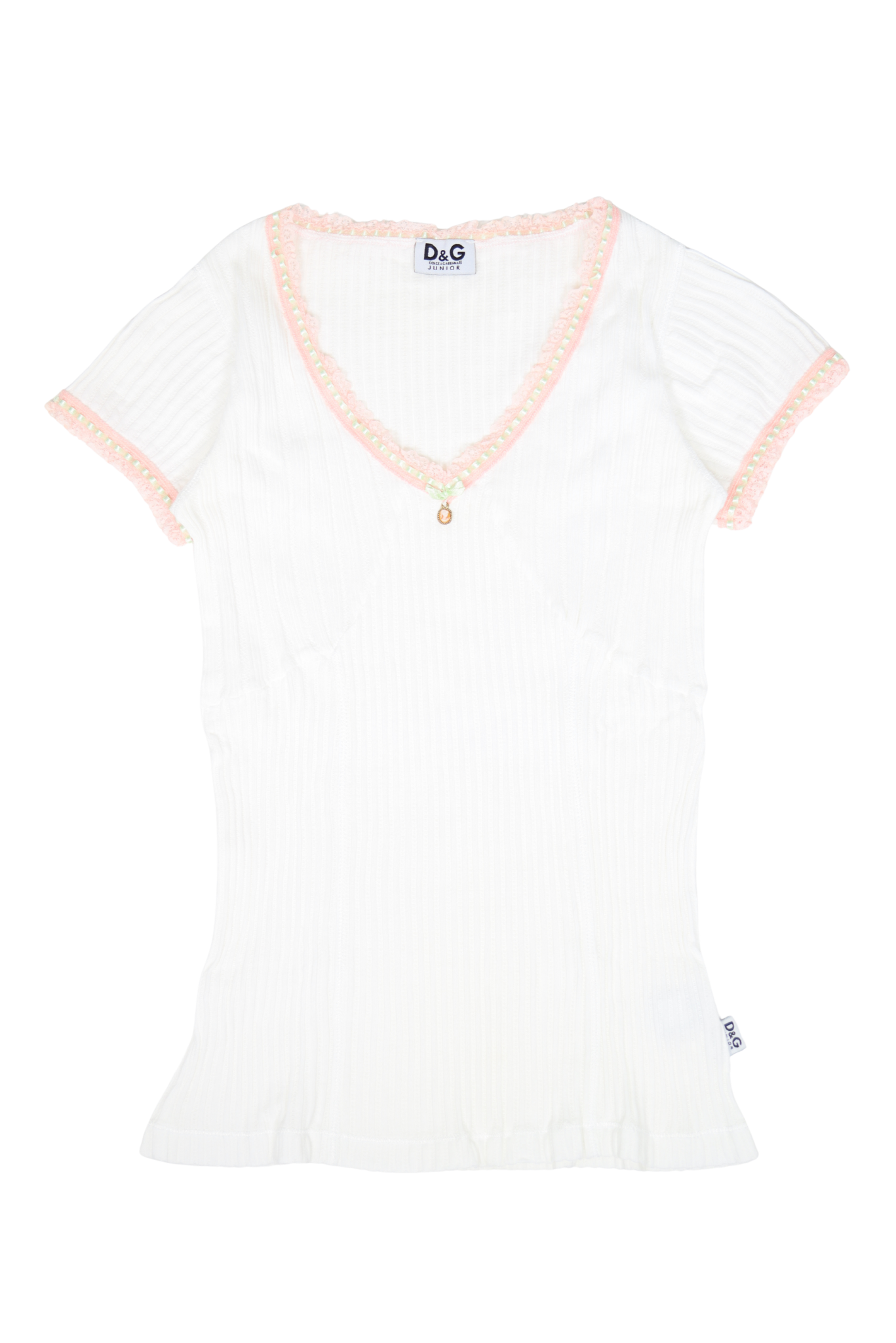 RARE Vintage White D&G Ribbed Top with Pink Lace Rosette Trim