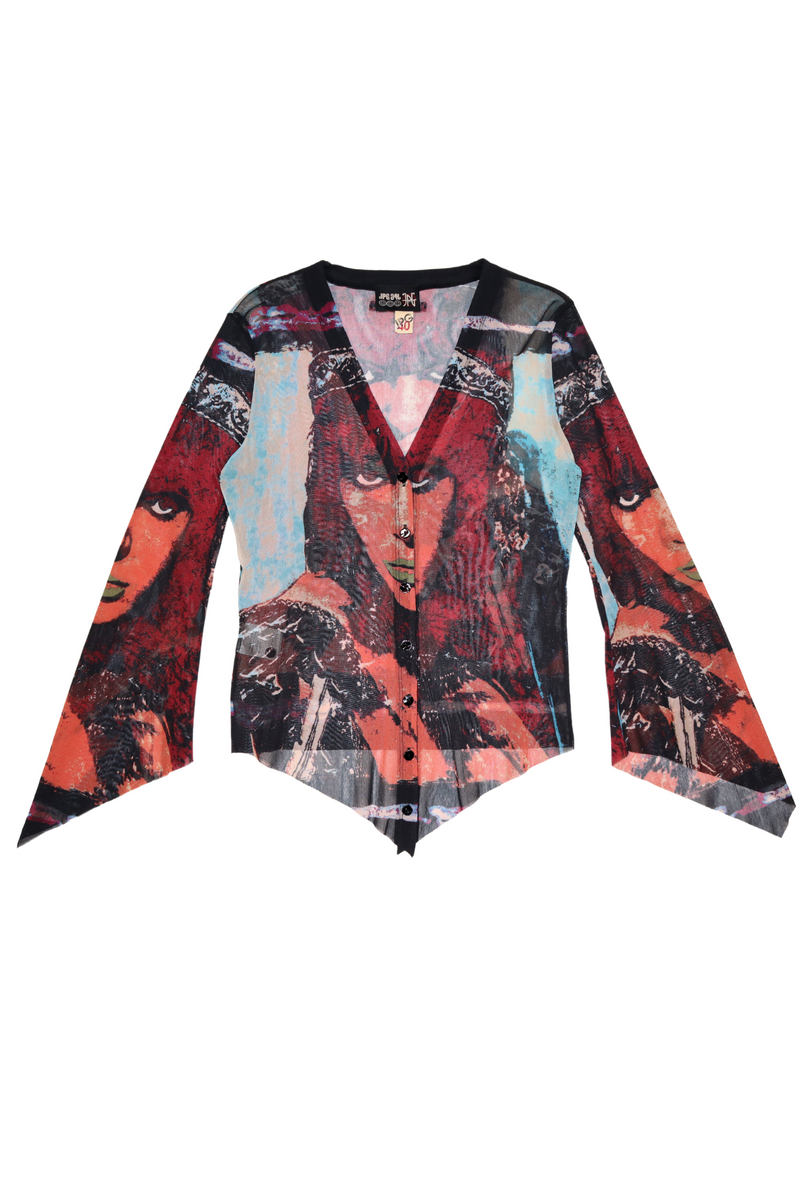 Jean Paul Gaultier Graphic Face Mesh Cardigan Bell Sleeve