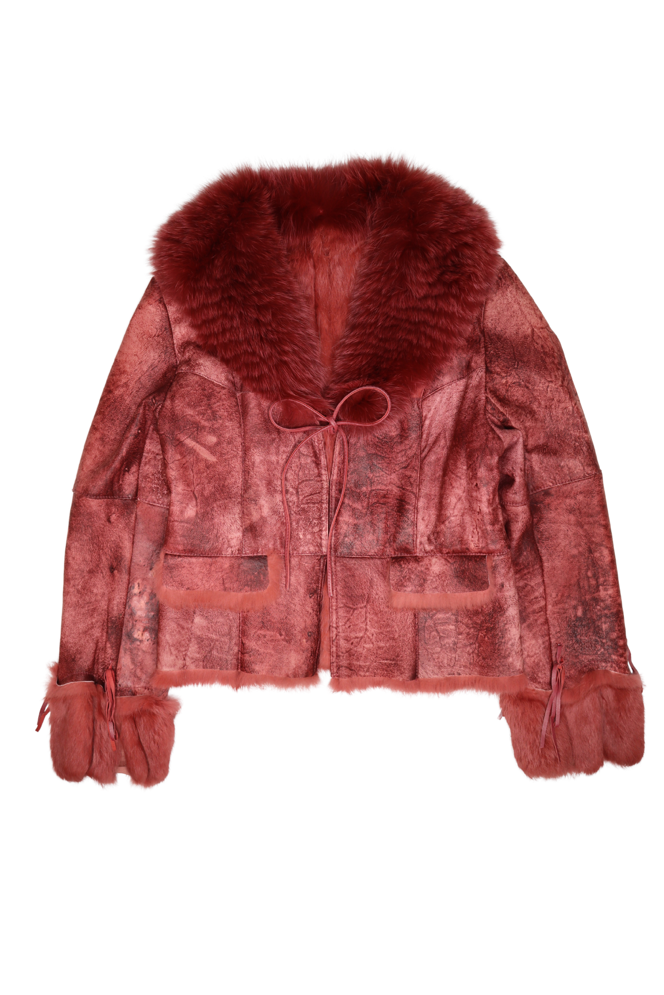 Vintage Real Rabbit Fur Trim Red Leather Tie Tassel Jacket