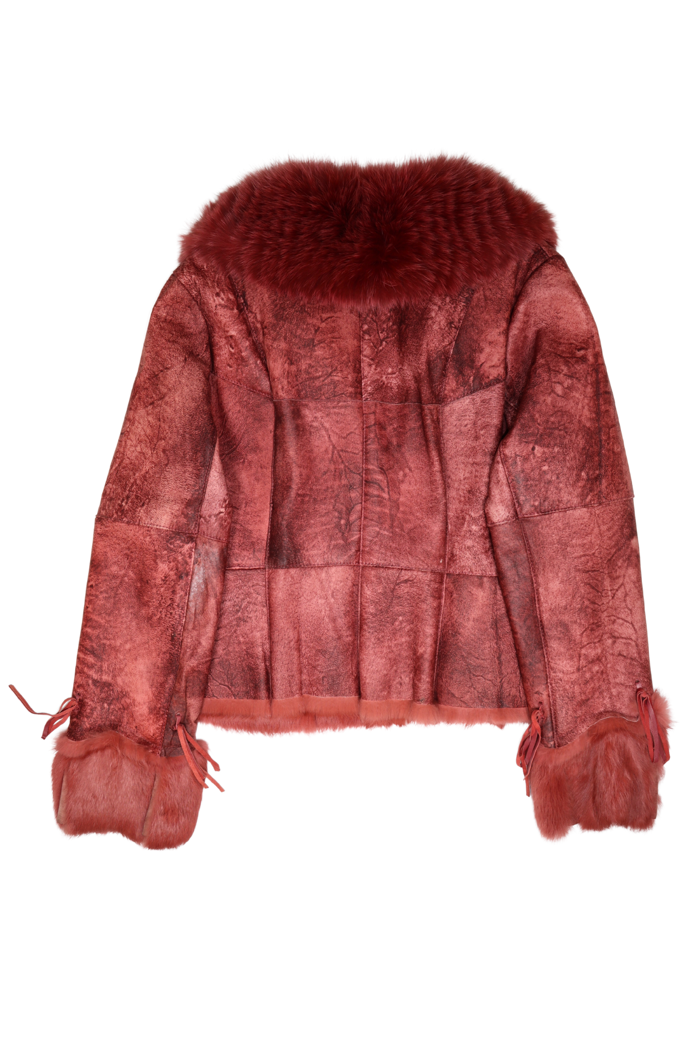Vintage Real Rabbit Fur Trim Red Leather Tie Tassel Jacket