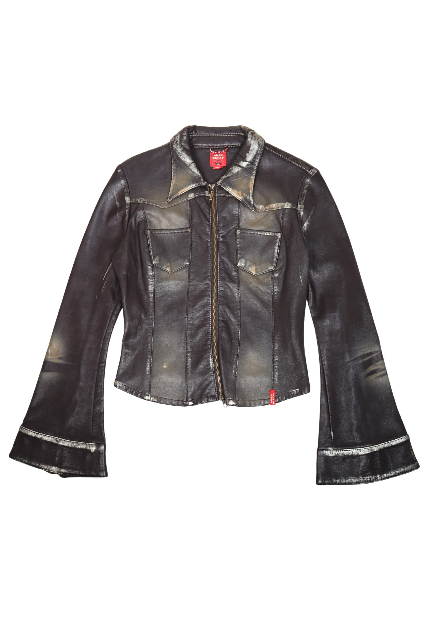 Vintage Miss Sixty Distressed Leather Flared Sleeve Jacket