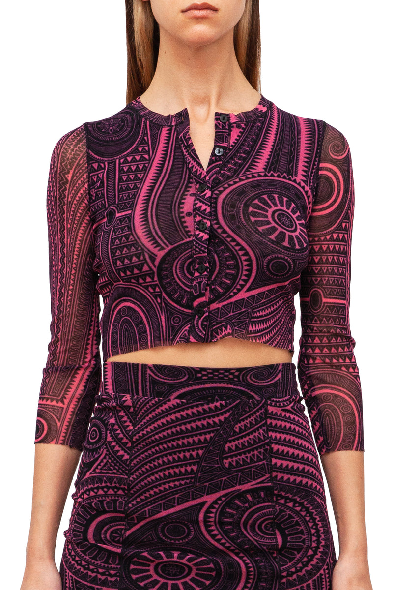 Jean Paul Gaultier Graphic Print Double Mesh Cardigan and Skirt Set